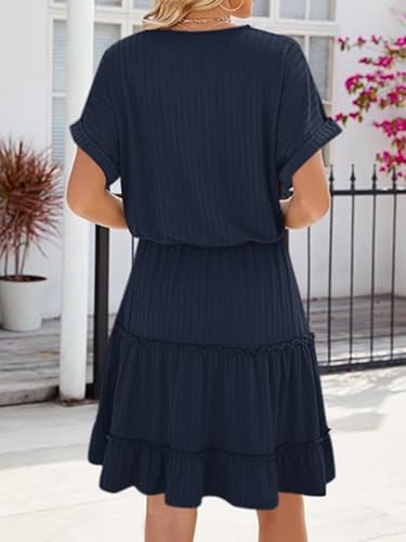 Image of PerZeal Women's Casual V Neck Short Sleeve Tiered Dress Ruffle Hem A-Line Flowy Swing Midi Dresses