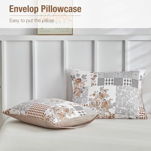 Image of Lekesky King Size Duvet Cover Set, Patchwork Floral 3 Pieces Reversible Grey Duvet Cover Set, Ultra-Soft Microfiber 3 Pieces Comforter Cover with Zipper and Corner Ties, Includes 2 Pillowcases