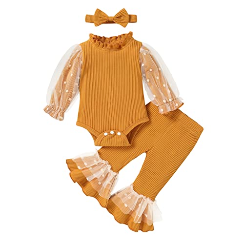 Image of YOUNGER TREE Newborn Baby Girl Clothes Floral Romper Top Flared Pant Set Bell Bottom Infant Fall Winter Outfits 0-18M