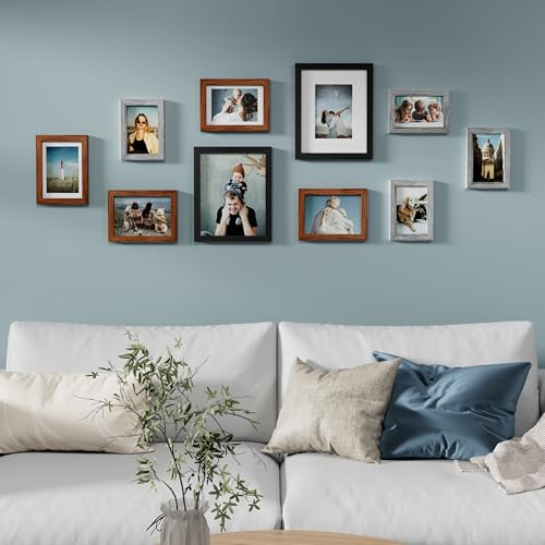 Image of Vittanly 10 Pack Picture Frames, Picture Frames Collage Wall Decor with Two 8x10, Four 5x7 and Four 4x6 Photo Frames, Gallery Wall Frame Set for Wall or Tabletop Display, Black, Walnut Brown and Grey