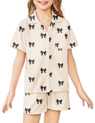 Image of Arshiner Girls Pajamas Sets Short Sleeve Kids Pjs Button Down Sleepwear | Cute Printed Pajamas for Little & Big Girl, Lightweight Comfy Fabric, 2-Piece Outfits, Perfect for Lounge Pajamas Party