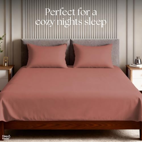 Image of haus & kinder Bedsheet King Size, 300 TC Cotton Sateen Weave, Flat Bedsheet for King Size Bed, Silky Smooth (Amber Glow, 108x108)