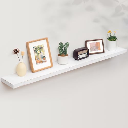 Image of Floating Shelves for Wall, 56in Reclaimed Elm Wood Shelves, White | 8 inch Deep Wall Shelf, Invisible Bracket, Large Long Wall Mounted Shelves, Living Room, Bedroom, Kitchen, Bathroom