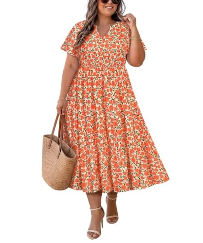 Image of TIYOMI Women Plus Size Dress Boho V Neck Short Sleeve Beach Maxi Dresses Floral /Stripe /Leaves /Lemon XL-5XL