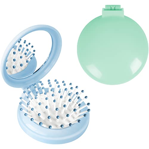 Cepillo de pelo plegable con espejo, mini peine de masaje compacto redondo para niñas y mujeres (azul+verde)