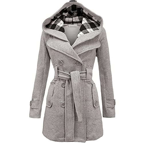 NLGToy Trench Coats for Women Long Womens Warm Winter Hooded Long Sections Coat Belt Double Breasted Jacket Plus Size Winter Coats for Women Gray