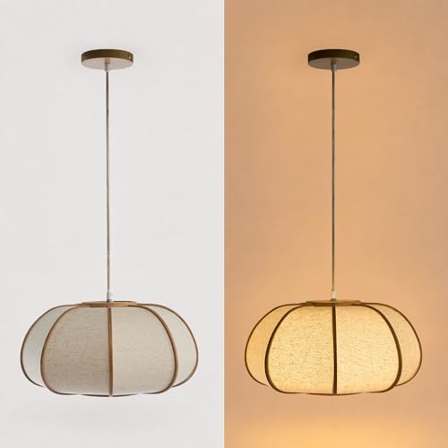 Image of Pendant Light, Boho Bamboo Hanging Light with Adjustable Height | 15 inch Pumpkin Drum Linen Shade, Farmhouse Ceiling Light Fixture for Dining Rooms, Kitchen Islands, Bedrooms, Entryways, E26