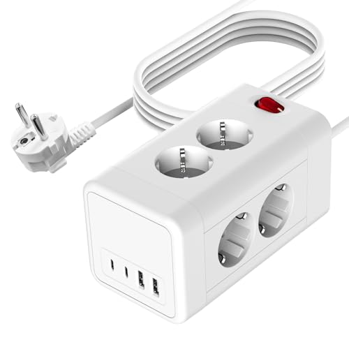 Regleta de Enchufes Múltiple con USB C, 8 Vías Distribuidor de Enchufes con 4 USB, Cubo de Enchufes 12 en 1 con Interruptor, 2300W Montaje en Pared, Enchufe Múltiple con Cable de 2M, Blanco