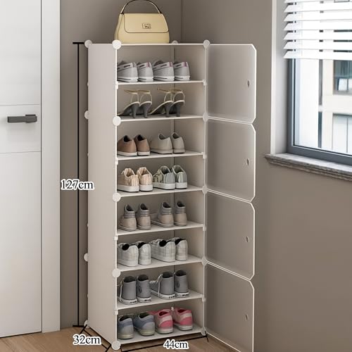 Image of Zemic Multipurpose Modular Plastic Shoe Rack for Home with Door | 𝟕 𝐒𝐡𝐞𝐥𝐟 Stackable Organizer | Waterproof & Dustproof | Space Saving Storage for Home, Bedroom & Entryway【White, 4-Door-7-Shelf】