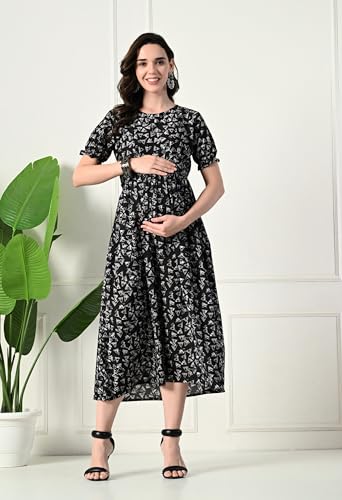 Image of Ichaa Women's Blue Cotton Printed Maternity Dress with Feeding Zips and Pocket| in Plus Sizes