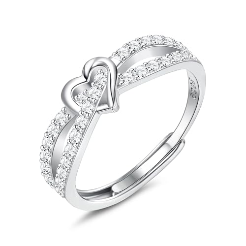 MILACOLATO Anillo de Corazón de Plata de Ley 925 con Zirconia Cúbica para Mujer, Anillo de Compromiso y Boda Ajustable en Plata, Diseño Apilable de Doble Fila con Chapado en Platino