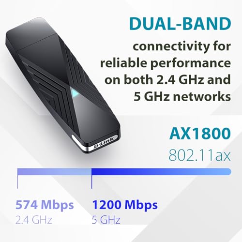 Image of D-Link USB WiFi 6 Adapter AX1800 USB 3.0 Dual Band Long Range MU-MIMO Wireless Internet Network for Desktop PC Laptop Windows (DWA-X1850-B1-CA)