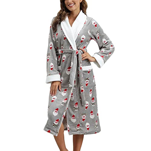 Weihnachten Damen Bademantel mit Tasche und Gürtel Kuschelig Flanell Lang Morgenmantel Plüsch Hausmantel Frauen Weihnachtsdruck Nachtwäsche Winter Pyjamas Schlafrock Saunamantel (Grau, XXL) Cover