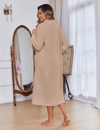 Image of Ekouaer Women Zipper Robe Fleece Long Sleeves Bathrobe Sleepwear Warm Soft Housecoat with Pockets Zip Up House Dresses