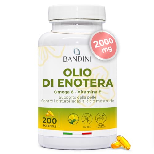Bandini® Olio di Enotera 2000mg, Antiossidante per Pelle, Capelli e Unghie, 200 Softgels, Utile per Equilibrio Ormonale, Menopausa, Contrasta i Disturbi del Ciclo Mestruale, Integratore Donne, No OGM