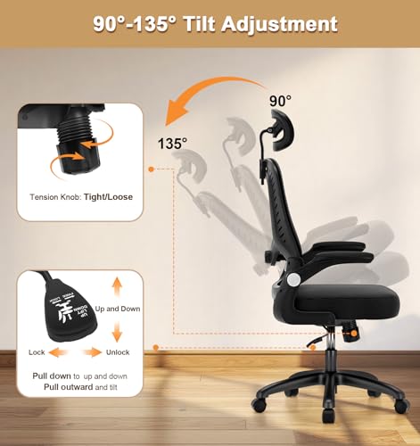 Office Chair, SPRDENG Ergonomic Office Chair with Two-Way Adjustable Lumbar Support & Headrest, High Back S-Shaped Computer Chair with Flip-up Padded Armrests, Swivel Task Chair fo image 8