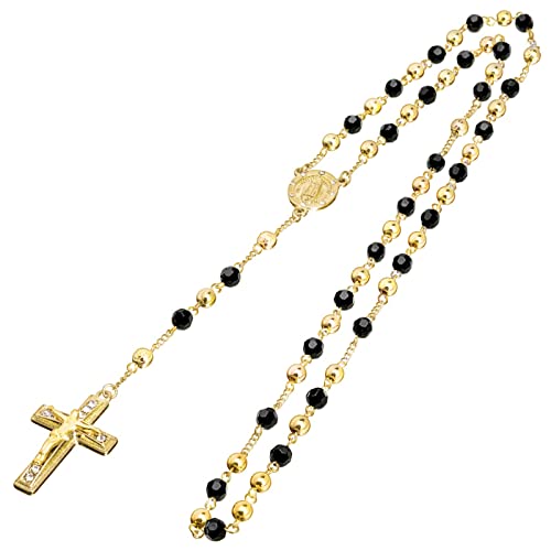 metaltree98 Rosary 6 mm Black Bead Gold and Silver Tone Guadalupe & Jesus Cross 28