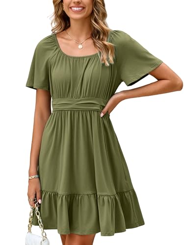 Image of Simplee Womens Summer Dresses 2026 Mini Square Neck Casual Short Sleeve Shirred Flowy A-Line Dress with Pockets
