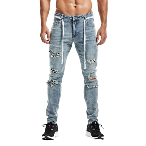 Jeans Pants Trouser Denim Ripped Hole Street Trendy Washed Blue Ground White Elastic Tight Fit Men
