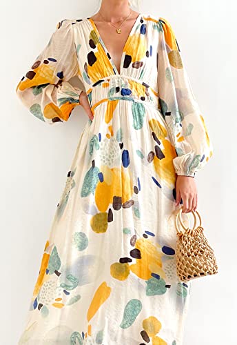 Image of Maxigerui Women's Long Sleeve Floral Maxi Dress 2026 Spring Summer Wedding Guest Dress Yellow Watercolor L