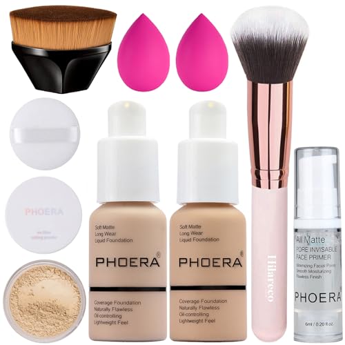 PHOERA Foundation, Primer, Powder, Makeup Set - Kabuki Brushes, 2 Pcs Sponge (102 Nude + 104 Buff Beige)