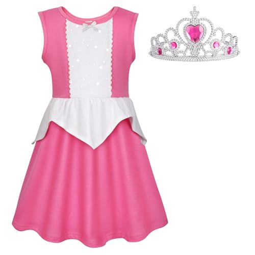 AOOWU Princesa Aurora fantasia vestido, disfarce menina princesa aurora com coroa, maxi vestido de princesa bela adormecida para carnaval festa Halloween cosplay aniversário festa, 100 cm, 120, 6-7