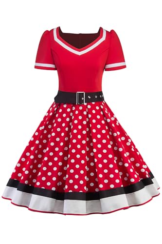 AXOE Femme Robe Vintage Année 50 Pin up Rockabilly Cocktail avec Ceinture Rouge et à Pois Blanc, Taille 38, S