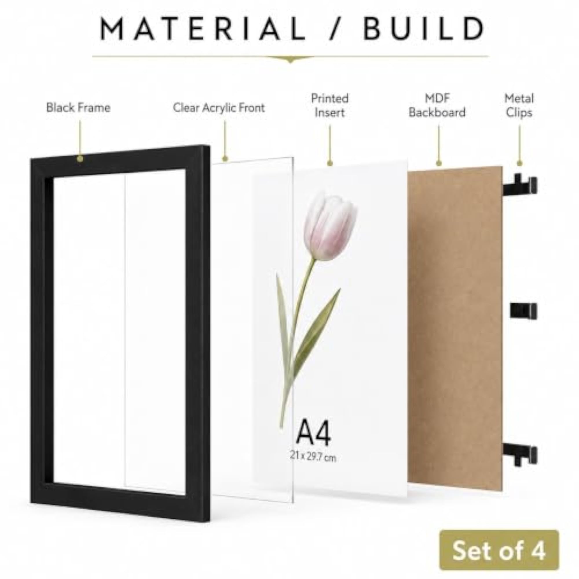 A4 Photo Frames Set of 4, Black Wall Frames with Acrylic Front