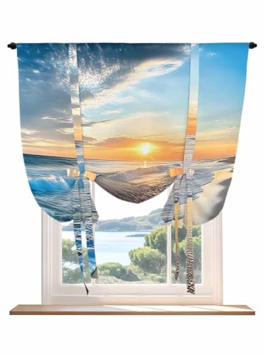 Tie Up Curtains for Windows Sunset Beach Roman Shade 52 x 45 Inch Bathroom Curtain Window Spray Ocean Waves Sky Nature Scenery Rod Pocket Short Balloon Curtains for Living Room Kitchen Small Blinds