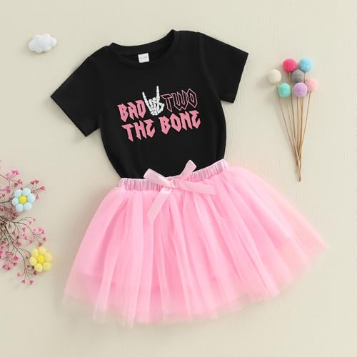 2nd Birthday Outfit Girl Baby Short Sleeve Bad Two The Bone Shirt Mesh Tulle Skirt Cute Birthday Clothes 2Pcs3