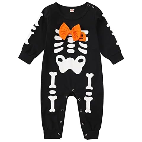 Marendyee Baby Halloween Outfit Long Sleeve Bow Tie Pumpkin Rompers Skeleton Costume Infant Boys Girls Gift Photoshoot Clothes Black 18-24 Months Cover