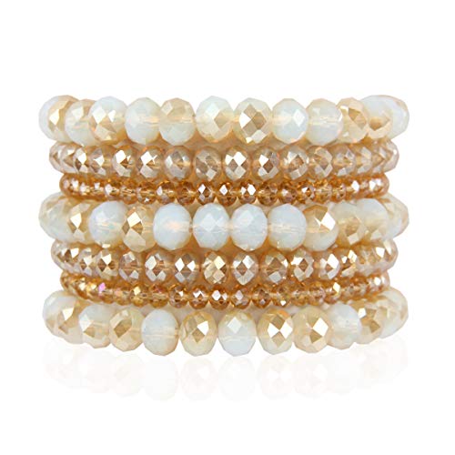 Bohemian Multi-Layer Beaded Stacking Statement Bracelets - Versatile Stretch Strand Sparkly Crystal Beads Wrap Slip-on Cuff Bangle Set (7 Layer Sparkly Beads - Light Brown)
