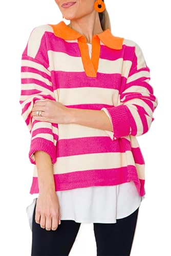 Women's Rose Stripe Color Block Collared V Neck Drop Shoulder Sweater