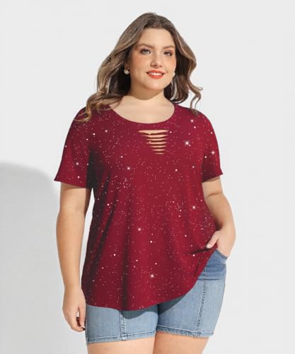 Image of CARCOS Plus Size Tops for Women Short Sleeve Shirts Basic Tee Solid Color Blouse V Neck Tunic Loose Fit Tshirts Summer XL-5XL