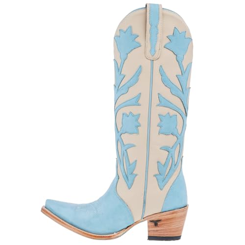 Lane Womens Jolene Floral Tooled Inlay Snip Toe Casual Boots Over the Knee Mid Heel 2-3" - Blue, Off White2