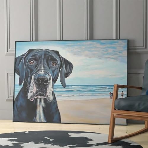 Affiche chien plage mer ciel | Décoration murale grand cadre 70x110