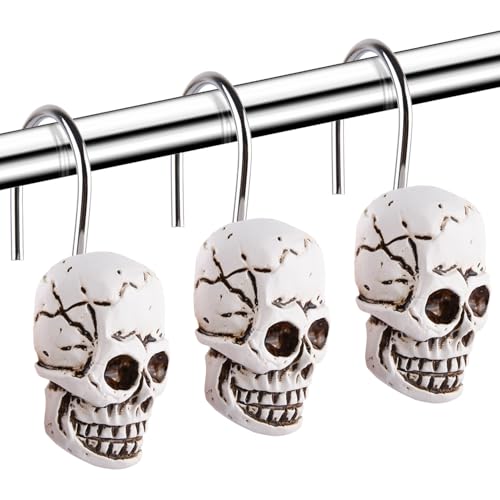 12 Pcs Skull Shower Curtain Hooks Halloween Shower Rings Decorative Skeleton Curtain Hook Rings Stainless Steel Bathroom Hooks with Skull Decor for Home Halloween