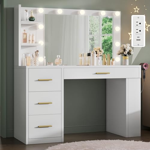 YITAHOME Vanity Desk with Mirror and Lights, Makeup Table with Charging Station, Large Vanity Set with 4 Drawers, Cute Makeup Desk with 6 Storage Shelves, White White Bulbs