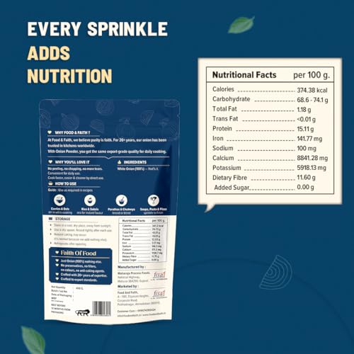 Image of Food & Faith White Onion Powder 400g - Pure Dehydrated Pyaz Powder | Strong Aroma & Instant Flavor | Ready to Use Cooking Seasoning | No Preservatives, Additives or Fillers