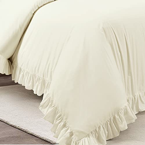 Image of Lush Decor Reyna Ruffle Cotton Duvet Cover Set 3 Piece Set King, Ivory - King Size Bedding Set - Cream Duvet King - Ruffled Bedding - Coquette Decor