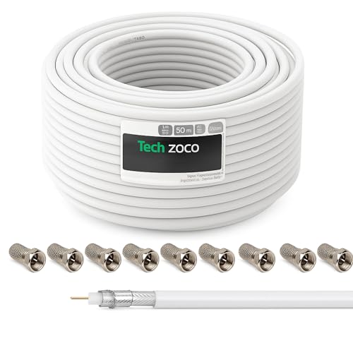 TECHZOCO Cable Coaxial SAT, Cable Antena TV 75 dB, Cable televisión Doble apantallamiento, Compatible con DVB-S/S2, DVB-T/T2, DVB-C/C2, 4K 1080p, Incluye 10 conectores F, Blanco, 50 Metros