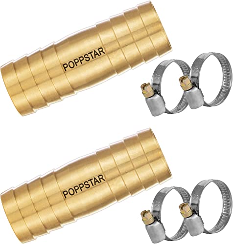 Poppstar 2X Brass Hose Connector 3/4 inch Set including 4X Stainless Steel Hose Clamps for 3/4" (19 mm) Garden Hose
