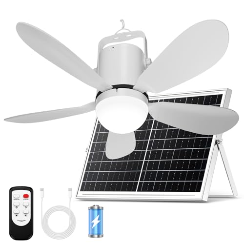 Joylight 21 Solar Ceiling Fan Light Solar Outdoor Ceiling Fan Light with Remote and Hook Portable Wireless Rechargeable Outdoor Hanging Fans for Camping RVs Patio Canopy Chicken Coop Outside
