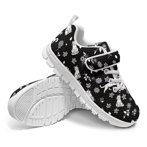 Kids Tennis Shoes Breathable Running Shoes Walking Shoes Fashion Sneakers for Boys and Girls Cat Flower Print（White Sole）4