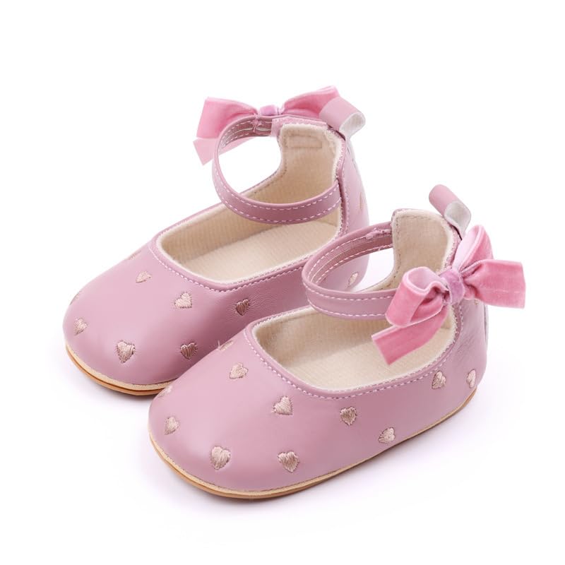 Baby Girls Mary Jane Flats Heart Embroidery Non Slip Soft Sole Bowknot Princess Wedding Dress Shoes Toddler First Walkers Infant Newborn Baptism Crib Shoes