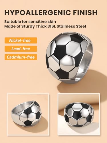 Bestyle Stainless Steel Soccer Ring Chunky Men Signet Pinky Ring with Vivid Soccer Pattern, Cool Statement Support Ring for Football Lover Sport Fan,Size 12