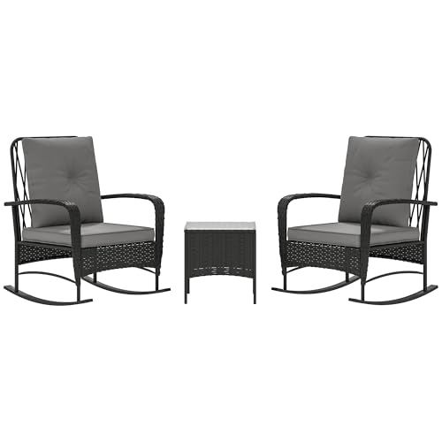 Outsunny 3 Pieces Rattan Bistro Set with Rocking Chairs, Wicker Patio Furniture Set with Thick Cushions, Bistro Table Set Outdoor Patio Conversation Set for Porch Balcony, Grey
