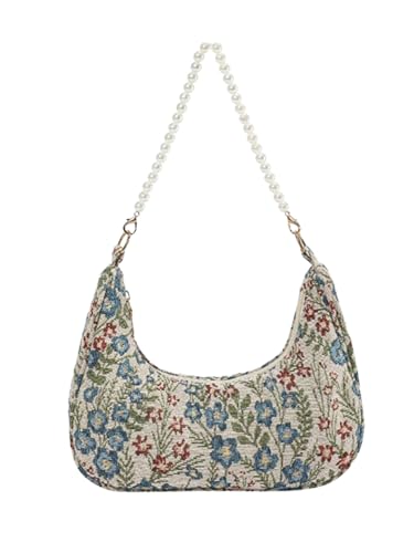 Verdusa Women's Pearl Top Handle Shoulder Handbag Floral Hobo Bag