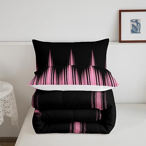 Image of Feelyou Ombre Comforter Queen, Pink Ombre Comforter Set for Kids Boys Girls Abstract Pink and Black Comforter Geometrics Lines Duvet Set with 2 Pillow Case