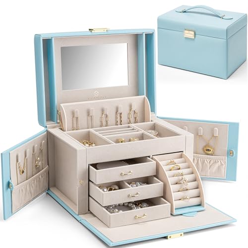 Vlando Large Jewellery Box for Women, High-End PU Leather Mirror Jewellery Boxes with 3 Drawers Jewelry Storage, Earrings, Rings, Necklaces, Bracelets